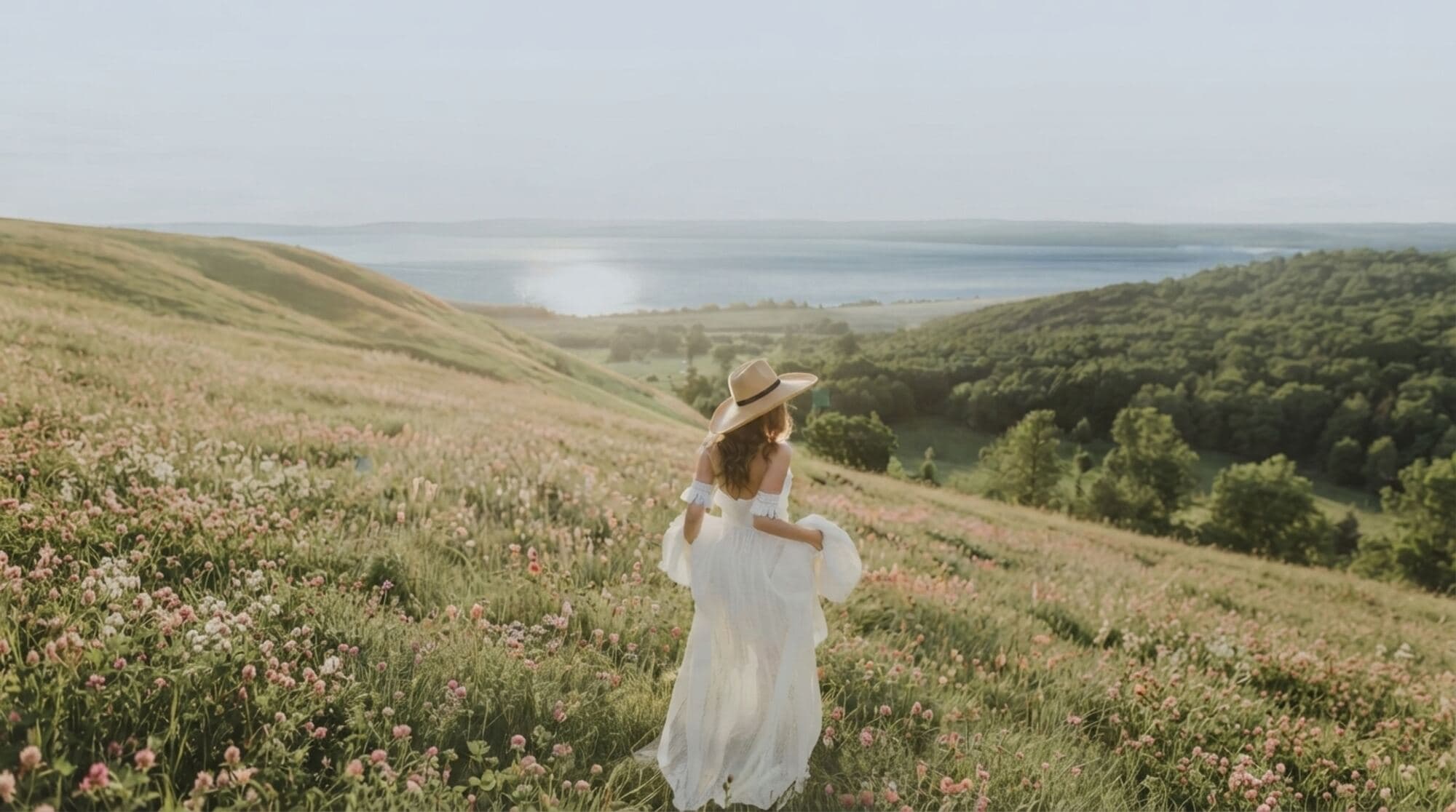 A woman in a flowing white dress walks through a wildflower meadow overlooking the water near Lake Simcoe at golden hour.